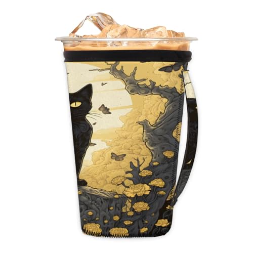 Branch Cat Moon Reusable Neoprene Coffee Sleeve with Handle Insulated Iced Coffee Cup Holder Reduces Condensation Fits 24-28 oz Cups M