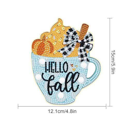 Image of AiYuanzsh Hello Fall Diamond Painting Hanging Kit, 5D DIY Cup Shaped Ornament, Crystal Rhinestone Diamond Art Pendant for Window, Door or Wall Decoration, Thanksgiving Autumn Home Decor Craft Gift