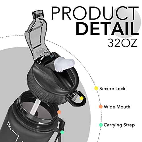 Image of HYETA 32 oz Water Bottles with Times to Drink and Straw, Motivational Water Bottle with Time Marker, Leakproof & BPA Free, Drinking Sports Water Bottle for Fitness, Gym & Outdoor, Black Matte | Motivational Tritan BPA Free Gym Office Outdoor Intake Tracker Hourly Reminder Straw Lid Carry Strap
