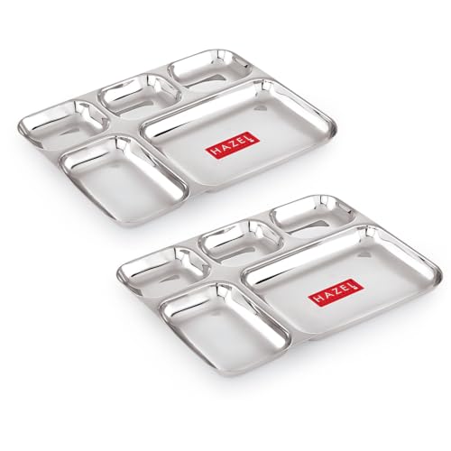 Image of HAZEL 5 Compartment Stainless Steel Plate Set of 2 | All in 1 Big Thali