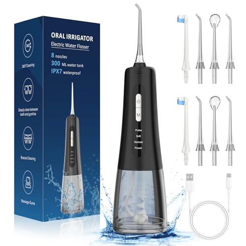 PYue Water Flosser for Teeth Cordless,IPX7 Waterproof 4 Modes & 8 Jet Tips,USB-C Rechargeable Electric Oral Irrigator 300ML,Dental Water Jet Flosser with Pure Copper Motor for Travel& Home -Black