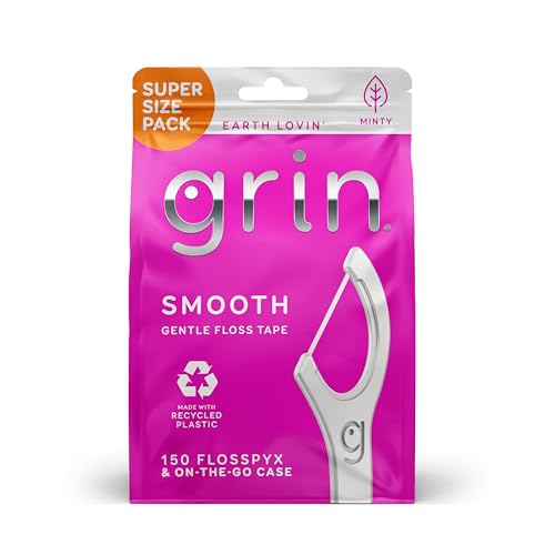 GRIN Smooth Flosspyx Gentle Floss Picks 150 Count Dental Flossers Minty Flavor Recycled Plastic Smooth Floss Tight Teeth Premium Longer Floss Head Includes Safe Fold-Back Tooth Pick