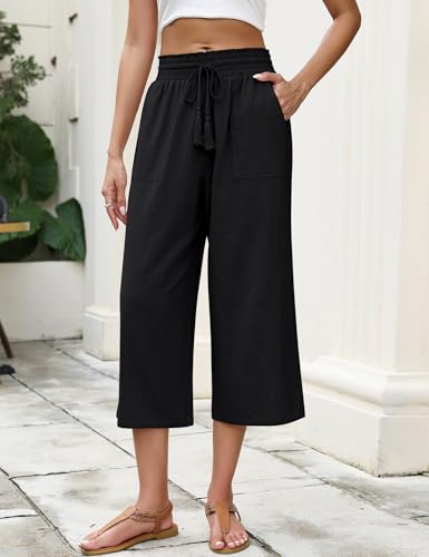 LOMON Women's Linen Capri Pants Wide Leg with Drawstring Elastic Waist Casual Cropped Pant2