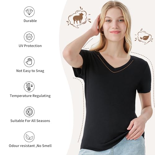 Merino Protect 100% Merino Wool V Neck T-Shirt for Women Short Sleeve Base Layers Odor Resistance Tops for Outdoor Hiking3