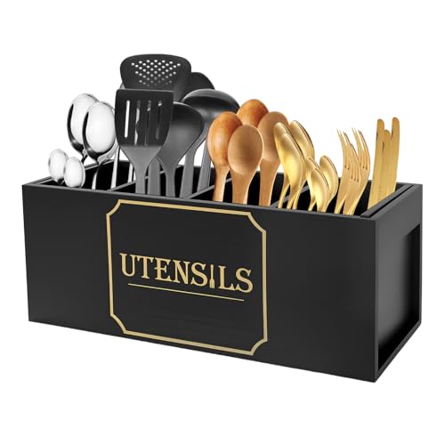 TNTGMG Porte-ustensiles de cuisine, en bois, avec 4 compartiments, 40 × 13 × 15,5 cm, rectangulaire, grand organisateur pour plan de travail, décoration de cuisine