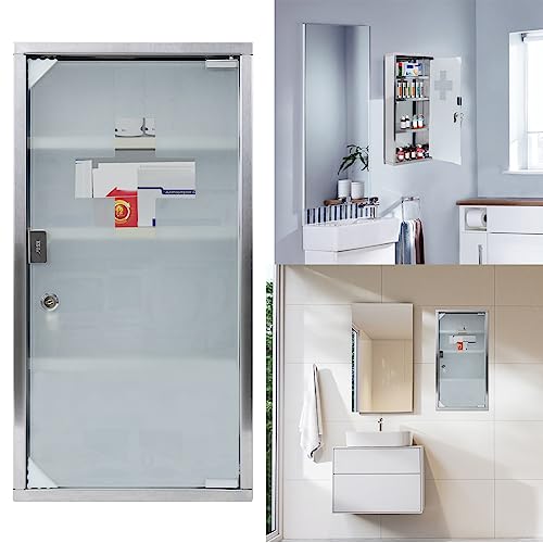 YARDIN medicinskåp, apoteksskåp, låsbart med 4 fack, medicinskåp i rostfritt stål, husapotek med glasdörr, läkeskåp, hängande 30 x 12 x 57,5 cm, silver