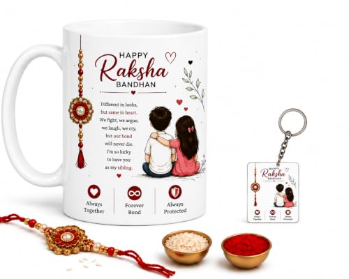 Image of Ceramic Rakhi Mug Set | Brother Sister Mug with Roli, Chawal & Square Keychain