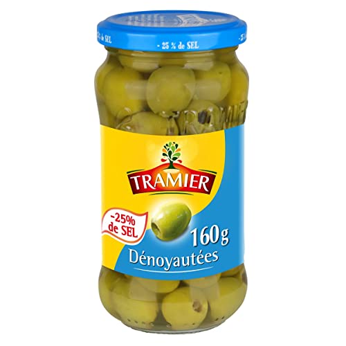 Lote de 3 unidades *** TRAMIER Aceitunas verdes deshuesadas naturales sin conservantes -25% de sal 160 g