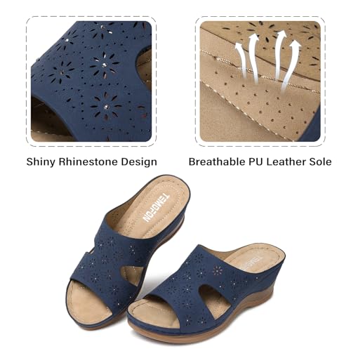 Temofon Women Wedge Sandals Dressy: Navy Blue Low Heels Platform Sandal Woman Wedge Slip On Wide Width Sandals Womens Casual Comfort Summer Shoes Leather Size 8.5 thumb #3