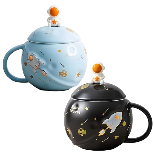 Image of NOSCOMP Astronaut Coffee Mug with Lid & Spoon | 400ml Ceramic | Embossed Planet & Galaxy Design | Leak-Proof | Gift for Space Lovers | Light Blue