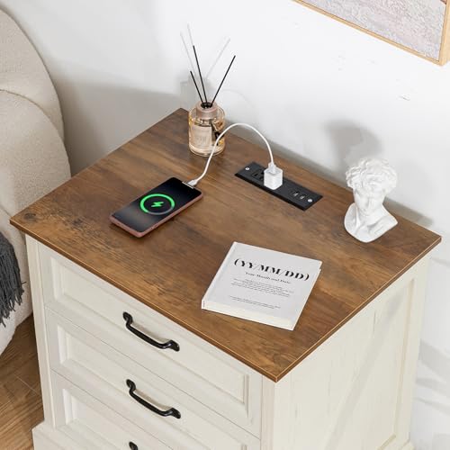Image of HOMMPA 24'' Farmhouse Nightstand with Charging Station, Bedside Tables with AC Outlets & USB Port, 3 Drawers Side Table End Table Dresser, Rustic Wood Night Stand for Bedroom, Rustic White