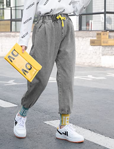 Kiench Girls Straight Jeans Distressed Ripped Hole Denim Pants Elastic Waist Pockets2