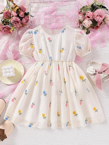 Image of TAGAS Girls Swiss Dot Floral Print Dress Sleeve Less Round Neck Elastic Waist Dress for Girls(KD-399)