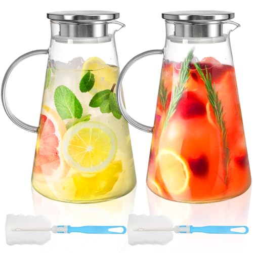 Nicunom 2 Pack 68 oz Glass Pitcher with Lid, BPA-Free Glass Water Jug Carafe Heat Resistant Ice Tea Pitcher for Juice, Sangria, Lemonade, Milk, Coffee, Cold and Hot Beverages, 2 Pcs Brush Included