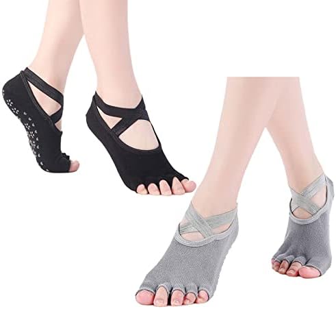 KEBABO Yoga Socks for Non-Slip Women Sock Sox Five Toe with Grips Toeless One Size 2 Pairs 6-10 Black