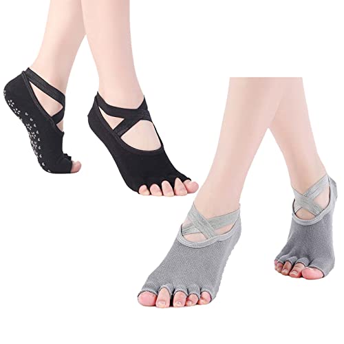 Kebabo Yoga Socks For Non-Slip Women Sock Sox Five Toe With Grips Toeless One Size 2 Pairs 6-10 Black #TOP1