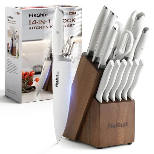 Knives Set for Kitchen, FIKSHOT 14PCS Kitchen Knife Set with Block, High Carbon Stainless Steel Full Tang Knife Sets Razor-Sharp Blade Professional Chef's Knife for Housewarming (WHITE)