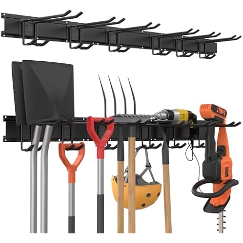 Garage Tool Storage Rack, 48 Inch Garage Organizer Wall Mounted Storage System with 6 Double Layer Hooks, Super Heavy Duty Garden Tool Hanger for Ski Gears, Chair, Rake Shovel Yard Tools Cover