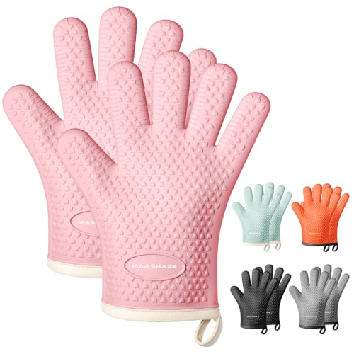 MAD SHARK Silicone Oven Mitts Heat Resistant 450°F,Waterproof & Non-Slip Oven Gloves with Fingers,Cotton Lined Silicone Oven Gloves Kitchen Mitts for Baking Cooking Barbecue,Women (Pink) by MAD SHARK - Used condition - CA$17.18