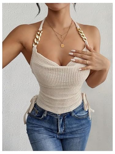 OYOANGLE Women's Metal Strap Ruched Tie Back Halter Tops Sleeveless Waffle Knit Tie Side Cami Tops3