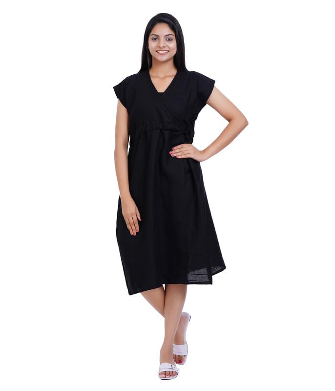 Image of MENMAII Wrap Dress [Size - L- 4XL ] - Full Open Multipurpose Night Gown -a Kind of Adaptive Clothing with Pocket for Women [Black -XL /Knee Length ]