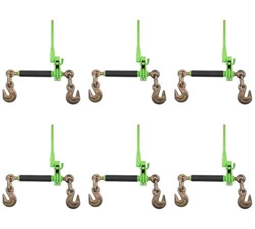 Image of Mytee Products (6 Pack) 3 /8 inch-1 /2 inch Hi-Viz Green Heavy Duty Folding Handle Ratchet Load Binder w /Grab Hook 12,000 lbs WLL | Tie Down Hauling Chain Binders for Flatbed Truck Trailer