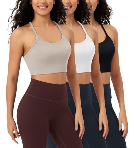 ODODOS Seamless Racerback Sports Bra for Women Ribbed Camisoles Non Padding Yoga Bra Crop Tank Tops