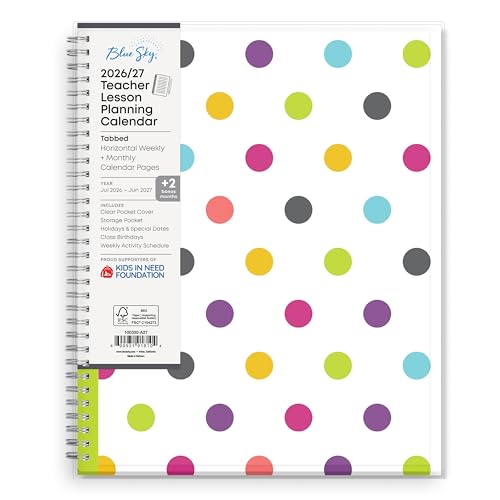 Blue Sky 2026-2027 Weekly and Monthly Academic Year Teacher Lesson Planner Calendar July 2026 - June 2027 8.5 x 11 Clear Pocket Cover Wirebound Laminated Tabs Storage Pocket Dots