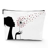 Diente de león, bolsa de viaje, bolsa de maquillaje, bolsa de cosméticos, flor de diente de león y niña, bolsa de maquillaje de lino, gran regalo para viajes, rojo y negro, 7 x 9 pulgadas, Rojo