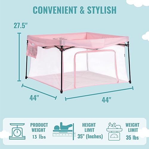 Image of Dream On Me Ziggy Playpen Only, Soft Base, Portable, 43.3in, Pink | Soft padded base, non-cross frame, foldable iron frame, 210D nylon, Ages 6-36mo, 30lbs, ASTM certified, Quick setup.