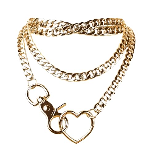 SIROLISA Slip Chain Rainbow Chunky Necklace for Women, Heart Cuban Long Layered Jewelry, Adjustable Thick Collar Necklace Loop Choker(Gold Chain&Gold Heart)