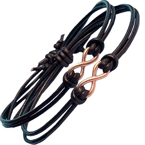 Matching Leather Bracelets for Couples Bronze Infinity Charm - Handmade Adjustable Friendship Wristbands - Perfect His and Hers Gifts, 8th Anniversary Present
