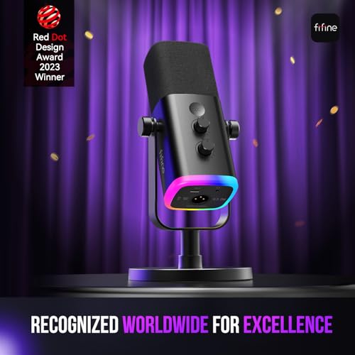 fifine usbxlr dynamic microphone for podcast recording pc computer gaming streaming mic with rgb light mute button headphones jack desktop stand vocal mic for singing youtube-ampligame am8