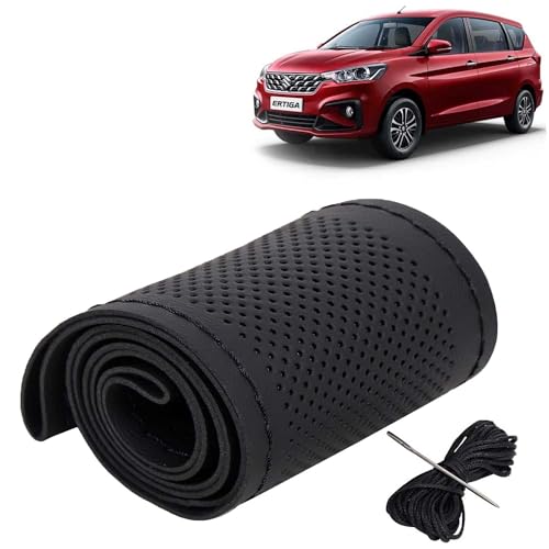 Image of KINGSWAY PU Leatherite Car Steering Cover Sewable Compatible with Maruti Suzuki Ertiga (Year 2022 Onwards), Black Color with Black Thread, Pack of 1 with Sewing Needle and Thread