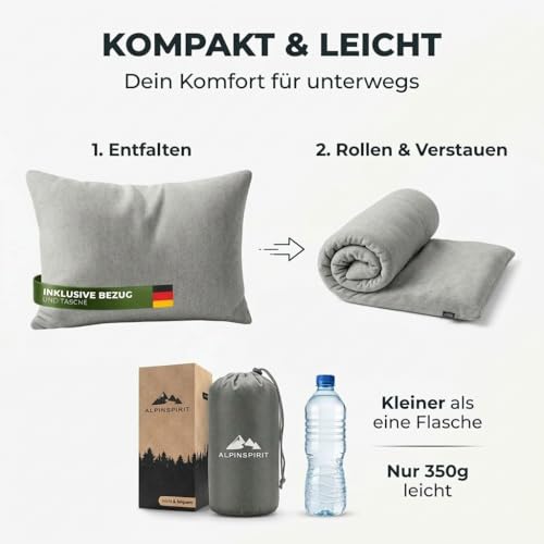 AlpinSpirit Camping und Reisekissen [100% Baumwolle] Ultraleichtes Memory Foam Kissen, 30 Grad waschbar,kleines Packmaß,Travel Pillow,40x30 cm,leicht & kompakt für Outdoor,Camping,Urlaub & Festival