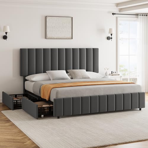GarveeHome Full Linen Upholstered Platform Bed Frame with 4 Storage Drawers, Adjustable Headboard, Wooden Slats Support, No Box Spring Needed, Grey