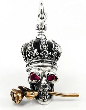 Crown Skull & Rose With Red Eyes Sterling Silver .925 Pendant For Harley Biker Rocker