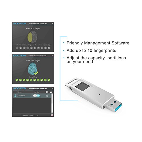 Kootion 64Gb High Speed Recognition Fingerprint Encrypted Flash Drive Usb3.0 Drive Memory Stick, Silver #TOP4