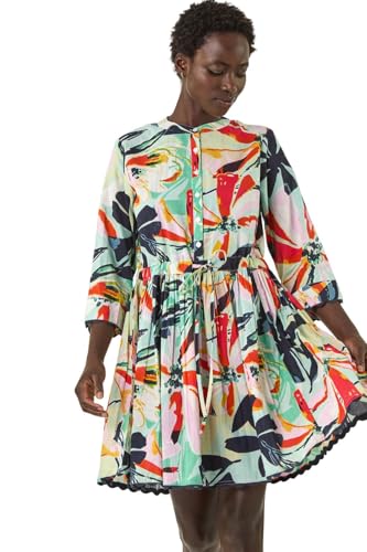Image of Roman Originals Floral Button Smock Dress for Women UK - Ladies Everyday Holiday Spring Summer Notch Neckline Comfy Soft Evening Vacation Work Party - Green Multi - Size 16