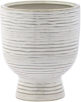 Napco Imports Horizontal Ribbed Design 6.25 x 4.75 Inch Tan and White Ceramic Indoor Pedestal Planter Pot for Small Plants and Succulents