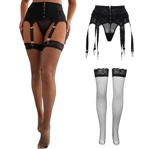 Image of ohyeah Plus Size High Waist Garter Belt Set Lace Mesh Suspender Belt with 6 Vintage Metal Clip for Stockings