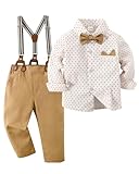 YALLET Toddler Baby Boy Clothes Suit Gentleman Outfits Formal Dress Shirt + Bowtie + Suspender Pants Wedding Party(L Beige, 3-4T)
