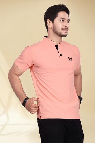 Image of BAGHADBILLO Men's and Boy's Polyster T-Shirt with Mandarin Collared Neck Half Sleeves Closuer Button and Regular Fit | Polo t Shirt for Man