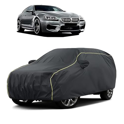 Image of Sulfar 100% Water Resistant Car Body Cover Compatible with Mirror for BMW ML (Triple Stitched, Full Bottom Elastic, Dark Grey Taffeta with Yellow Piping)