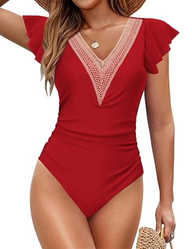 Maillot de bain une pièce femme en dentelle chic et volants col V taille S à XXL