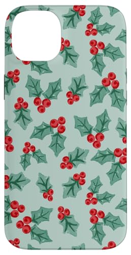 ヒイラギ グリーン レッド クリスマス 冬 パターン 葉と果実 スマホケース iPhone 14 Plus 用