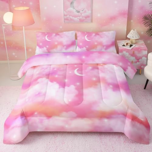 Image of QOOMO Pink Cloud Comforter Set, Rainbow Star Sky Duvet Set Bedding Set Twin Size for Girls Boys with 2 Pillow Shams Lightweight Microfiber for All Seasons