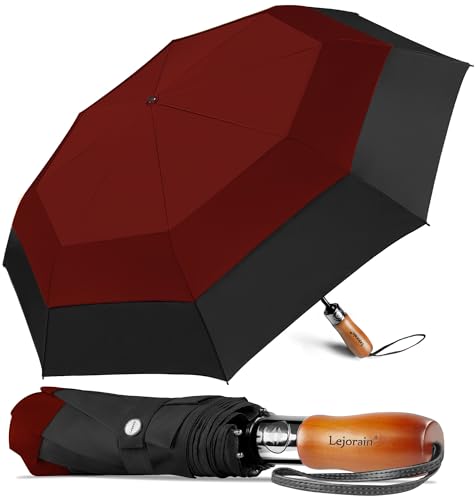 Lejorain Compact Golf Umbrella Windproof - 54 Inch Automatic Open and Close Sturdy Umbrella Large Wood Handle Folding Umbrella for 2 People