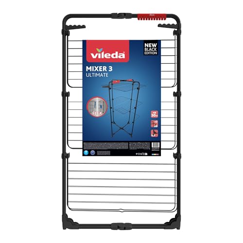 Vileda Mixer 3 Ultimate Turmwäscheständer Black Edition|Wäscheständer schwarz mit 30 m Trockenfläche|Flexibel, klappbar & transportabel - Schwenkbare Räder & extra Kleinteileplatz | Eco-Verpackung