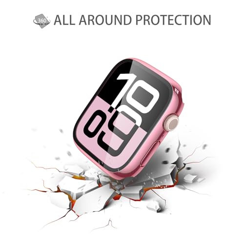 Image of Misxi 2 Pack Tempered Glass Case Compatible for Apple Watch Series 11 (2025) Series 10 42mm, Hard PC Screen Protector Overall Protection Scratch-Resistant Cover for iWatch, 1 Rose Pink + 1 Transparent